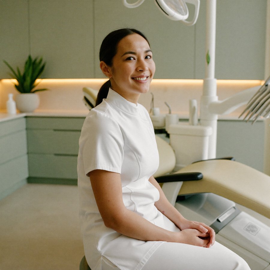 A Wahroonga Dental Group clinician smiling beside a treatment chair