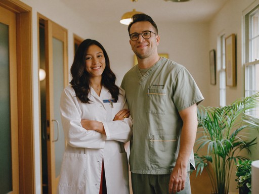 Two Wahroonga Dental Group clinicians smiling together in the clinic hallway